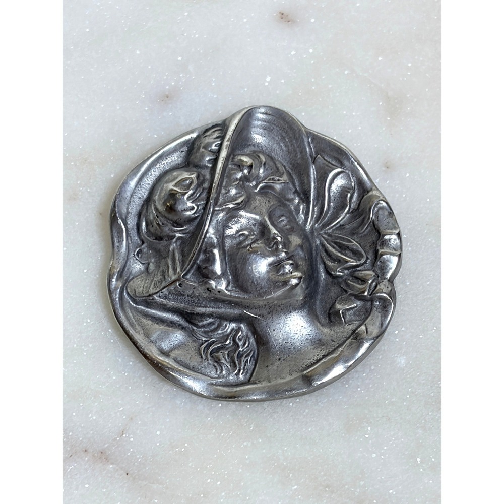 Vintage Art Nouveau Pewter Lady Portrait Brooch Pendant A Hallmark